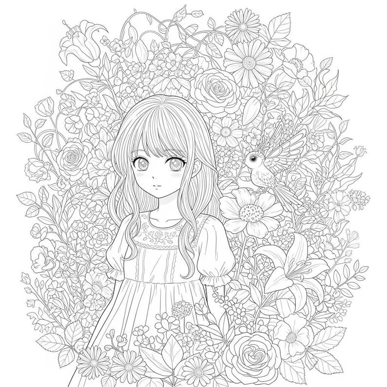 May include: Line art illustration of a young person with long hair and a dress, surrounded by flowers and a bird. The image is in black and white, suitable for coloring.