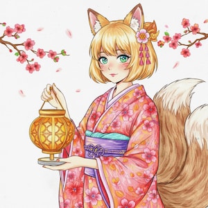 May include: Illustration of a fox-eared character in a pink floral kimono holding a golden lantern. The character has blonde hair, green eyes, and a fox tail. Cherry blossom branches frame the image, creating a serene, anime-inspired aesthetic.