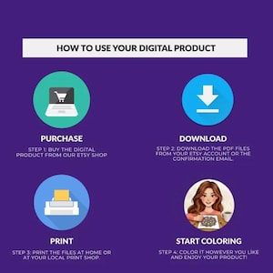 May include: An infographic on a purple background with white text that reads "HOW TO USE YOUR DIGITAL PRODUCT." The graphic shows four steps: purchase, download, print, and start coloring. Each step has an icon and a brief description.
