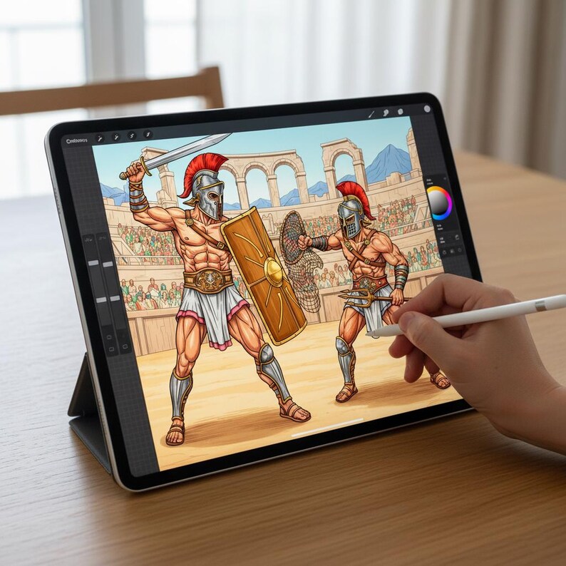May include: A tablet displaying a digital illustration of gladiators in an arena. One gladiator holds a sword and shield, the other a trident and shield. The artwork is being created with a stylus on the tablet screen.