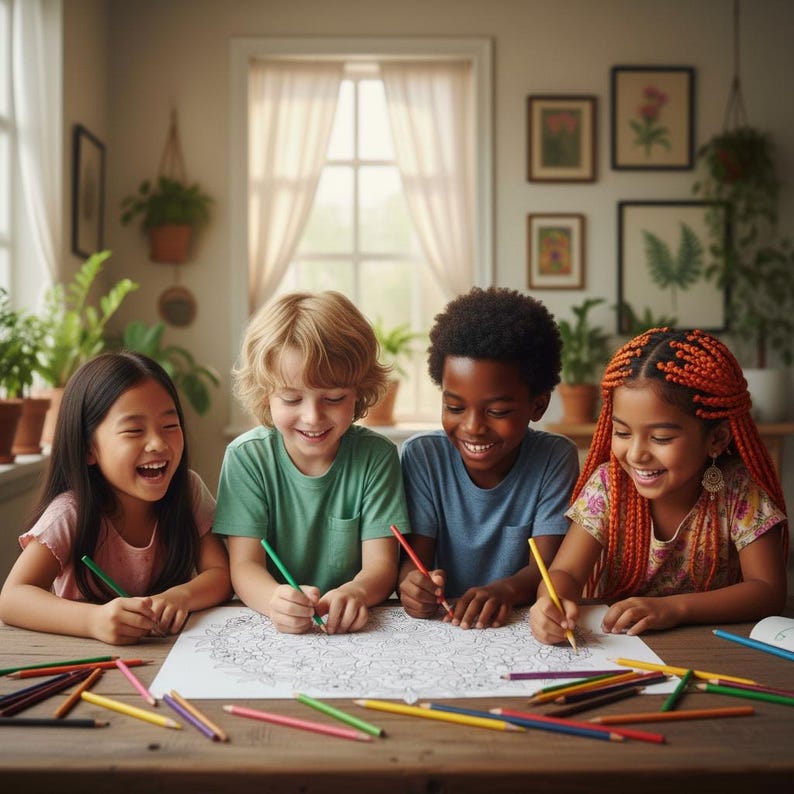 Peut inclure: Quatre enfants d'origines diverses sont assis &agrave; une table en bois, coloriant joyeusement une grande illustration en noir et blanc avec des crayons de couleur. La sc&egrave;ne se d&eacute;roule dans une pi&egrave;ce bien &eacute;clair&eacute;e avec des &oelig;uvres d'art encadr&eacute;es et des plantes.