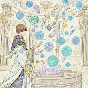 May include: An illustration of a person in a white and blue robe, surrounded by floating geometric shapes and crystals. The artwork has a fantasy theme, with detailed architectural elements in the background.