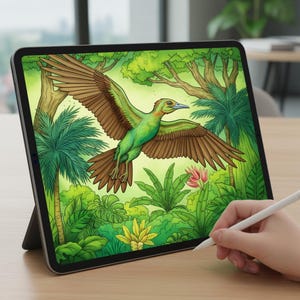 A hand using a stylus to digitally color a vibrant Archaeopteryx prehistoric bird on a tablet screen. This lush jungle illustration is part of our 160-page Jurassic World Adventure coloring book, showcasing high-quality designs suitable for both digital art apps and traditional coloring fans.