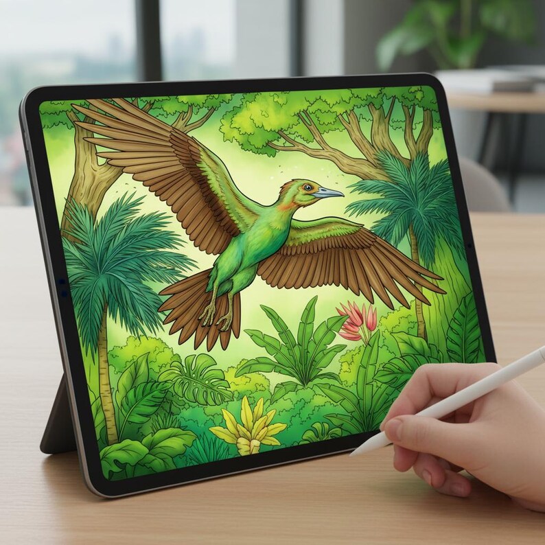 A hand using a stylus to digitally color a vibrant Archaeopteryx prehistoric bird on a tablet screen. This lush jungle illustration is part of our 160-page Jurassic World Adventure coloring book, showcasing high-quality designs suitable for both digital art apps and traditional coloring fans.