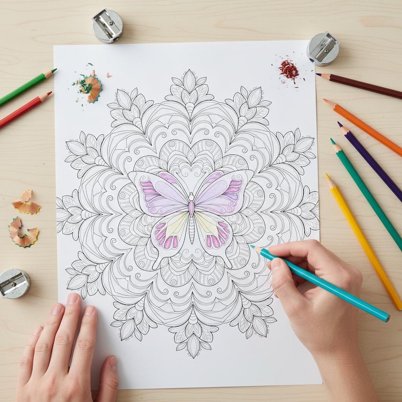 May include: A person coloring a detailed butterfly design on a white paper with colored pencils. The butterfly is colored in shades of pink and yellow. Pencil sharpeners and pencil shavings are scattered around the paper on a light wood surface.