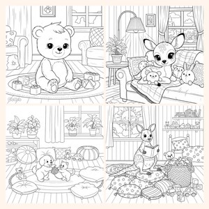 May include: A collection of four black and white coloring pages featuring adorable animals in cozy settings. The images include a teddy bear with blocks, a deer with stuffed animals, a dog and cat playing, and a kangaroo reading.