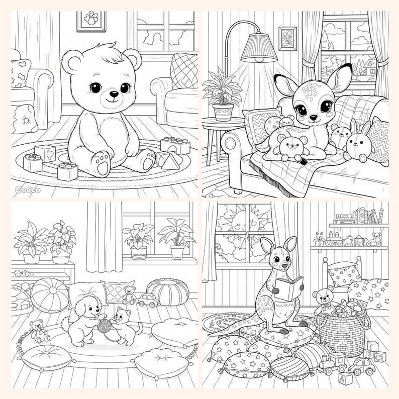 May include: A collection of four black and white coloring pages featuring adorable animals in cozy settings. The images include a teddy bear with blocks, a deer with stuffed animals, a dog and cat playing, and a kangaroo reading.