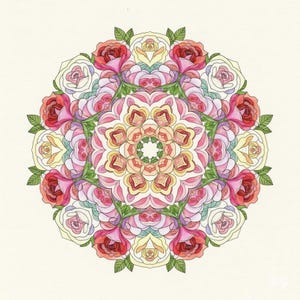 Peut inclure: Un motif de mandala &agrave; l'aquarelle repr&eacute;sentant un arrangement circulaire de roses dans des tons de rouge, rose, jaune et blanc. Des feuilles vertes accentuent le motif floral, sur fond cr&egrave;me. L'&oelig;uvre pr&eacute;sente un motif floral sym&eacute;trique.