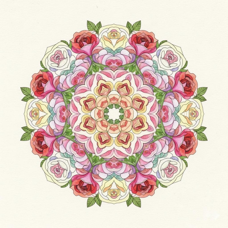 Peut inclure: Un motif de mandala &agrave; l'aquarelle repr&eacute;sentant un arrangement circulaire de roses dans des tons de rouge, rose, jaune et blanc. Des feuilles vertes accentuent le motif floral, sur fond cr&egrave;me. L'&oelig;uvre pr&eacute;sente un motif floral sym&eacute;trique.