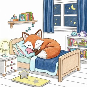 May include: A cartoon illustration of a sleeping fox in a bedroom. The fox is curled up on a bed with a blue blanket and pillow, hugging a pink star. A nightstand with a lamp, a window with a night sky view, and a bookshelf are also visible.