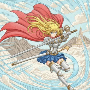 May include: An illustration of a female warrior in silver armor, wielding two swords. She has long blonde hair, blue eyes, and a red cape. A blue skirt and gold accents complete the outfit. The background features a castle, mountains, and a cloudy sky.