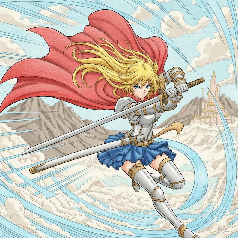 May include: An illustration of a female warrior in silver armor, wielding two swords. She has long blonde hair, blue eyes, and a red cape. A blue skirt and gold accents complete the outfit. The background features a castle, mountains, and a cloudy sky.