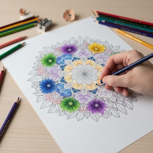 Gemini şunu dedi:
A person's hand coloring a detailed floral mandala with a dark blue pencil, featuring vibrant partially colored layers of purple, yellow, and green flowers. This lifestyle preview highlights the intricate line art from our 100-page Floral Mandala collection, perfect for adult relaxation, creative mindfulness, and stress relief.