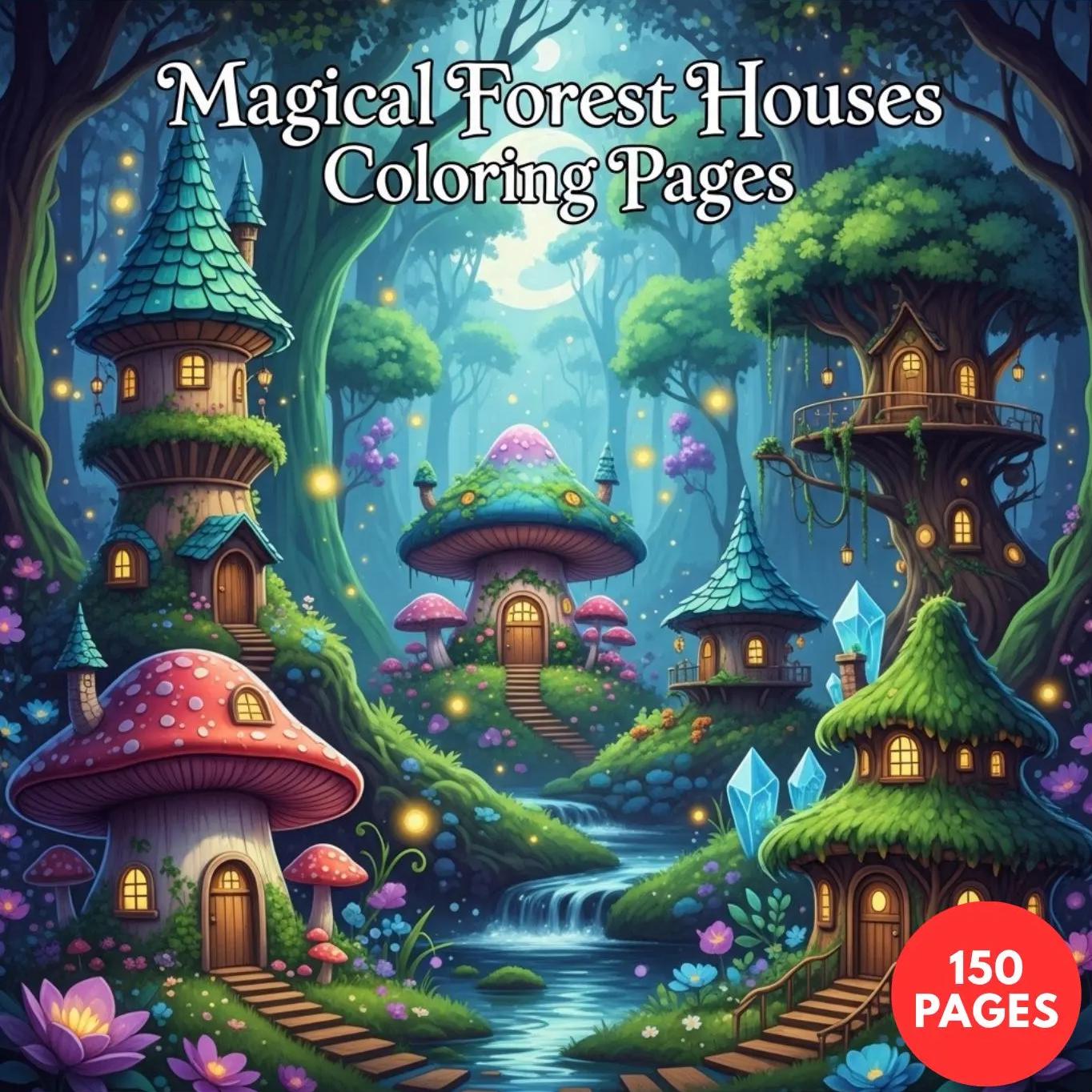 Magical Forest Houses Coloring Pages — printable PDF coloring book
