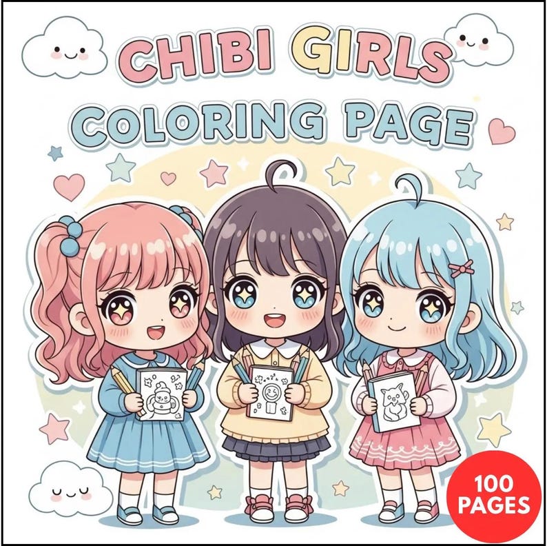 Chibi Girls Coloring Pages + Surprise Bonus Pages image 1