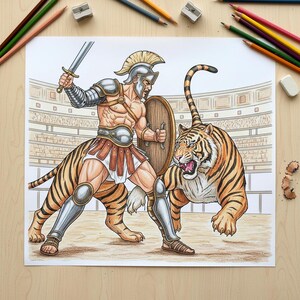 May include: A detailed illustration of a gladiator in silver armour, holding a sword and shield, facing a tiger in an arena. The gladiator is in a fighting stance, and the tiger is roaring. Coloured pencils surround the image.