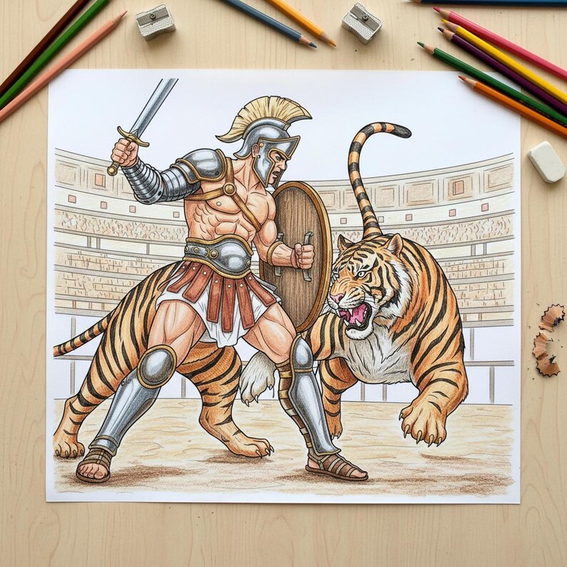 May include: A detailed illustration of a gladiator in silver armour, holding a sword and shield, facing a tiger in an arena. The gladiator is in a fighting stance, and the tiger is roaring. Coloured pencils surround the image.