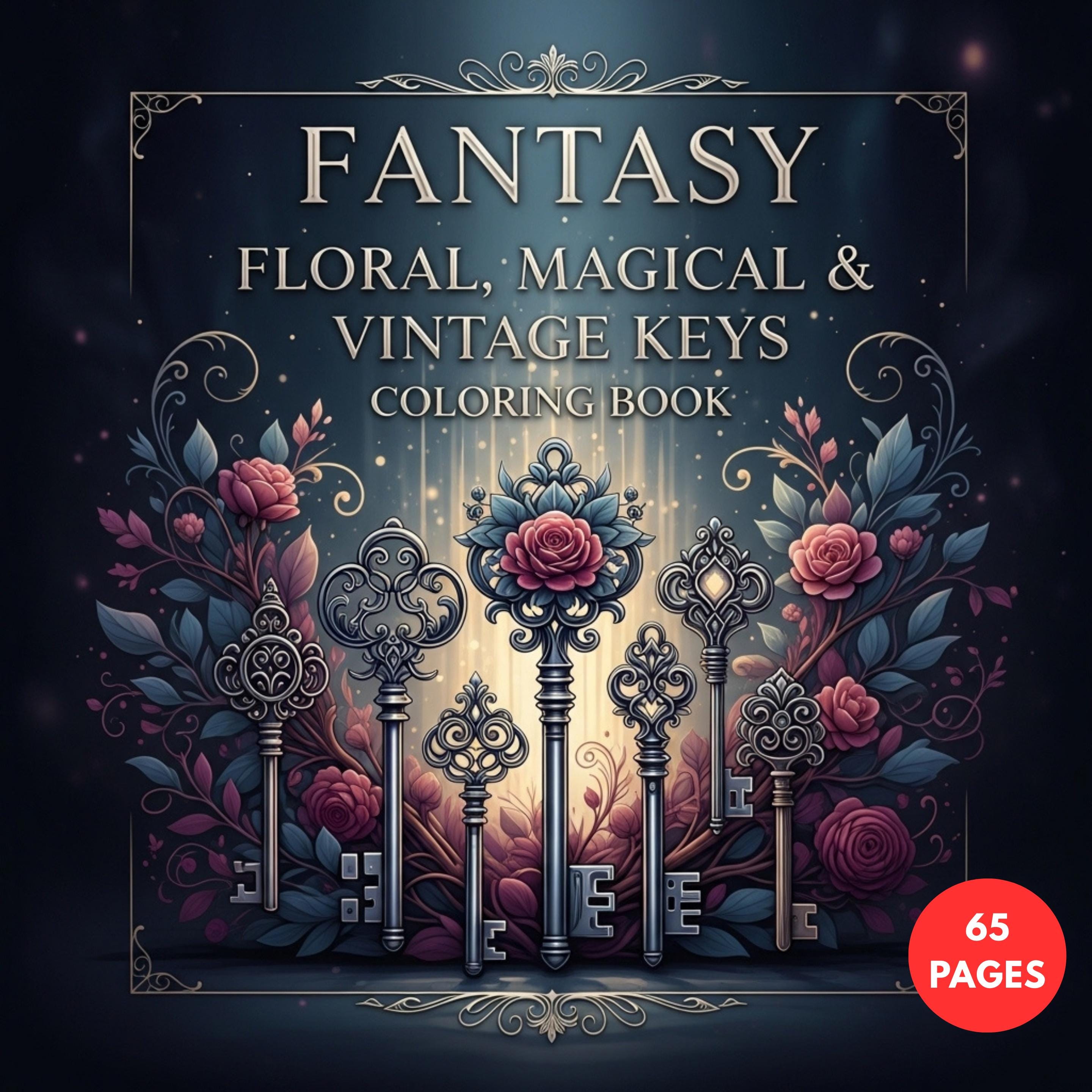 Fantasy Floral, Magical and Vintage Keys — printable PDF coloring book