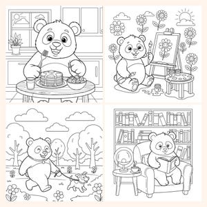 May include: Black and white line art illustrations of a panda bear in various scenes. One shows the panda eating pancakes, another painting a flower, a third walking a dog, and the last reading a book in a library.