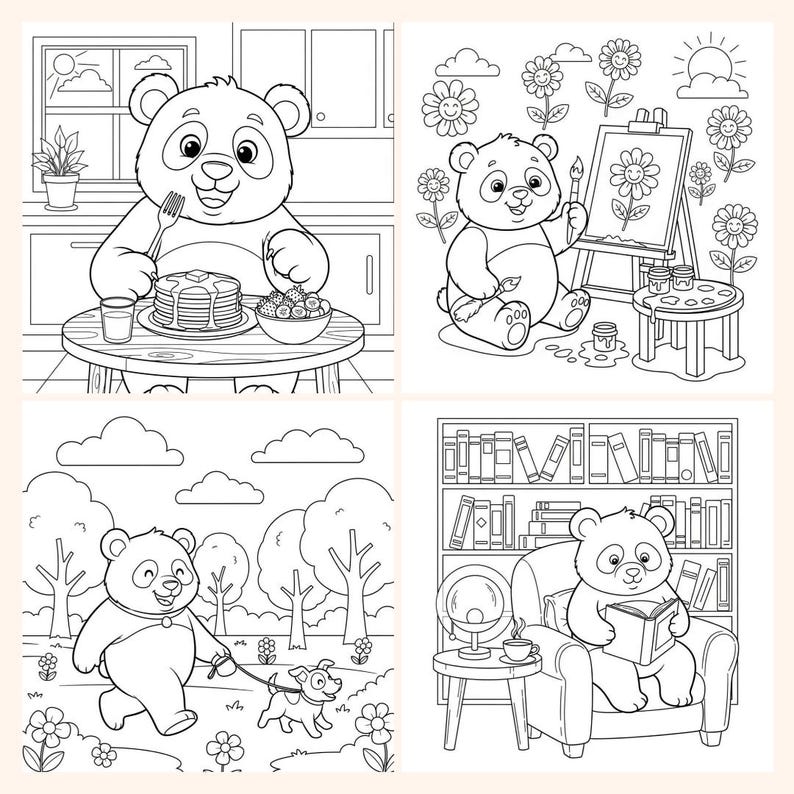 May include: Black and white line art illustrations of a panda bear in various scenes. One shows the panda eating pancakes, another painting a flower, a third walking a dog, and the last reading a book in a library.