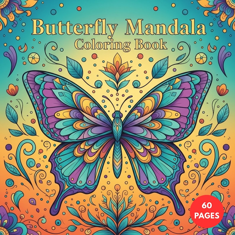 May include: A colorful butterfly mandala coloring book cover. The butterfly is depicted with intricate patterns in shades of purple, teal, and yellow against a gradient background. The text "Butterfly Mandala Coloring Book" is displayed at the top.