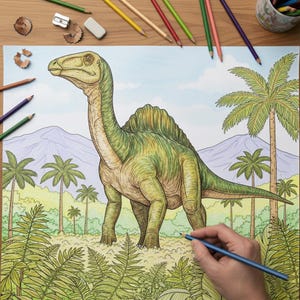 Comparison of a black and white outline and a fully colored scene of a T-Rex dinosaur by a river. Interior page preview from the Jurassic World adventure coloring book for kids.