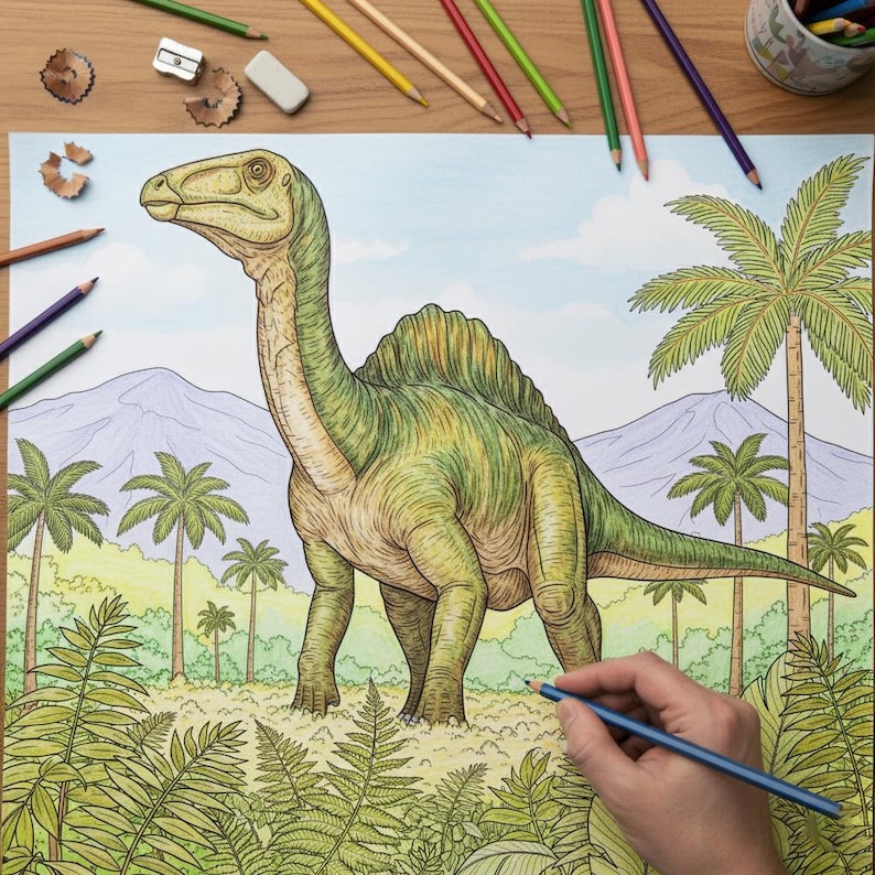 Comparison of a black and white outline and a fully colored scene of a T-Rex dinosaur by a river. Interior page preview from the Jurassic World adventure coloring book for kids.