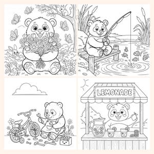 May include: Black and white line art illustrations of a panda bear in various scenes. One holds flowers, another fishes, a third works on a bicycle, and the last sells lemonade.