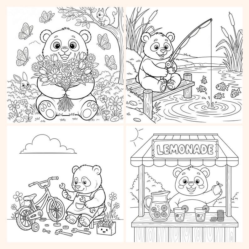 May include: Black and white line art illustrations of a panda bear in various scenes. One holds flowers, another fishes, a third works on a bicycle, and the last sells lemonade.