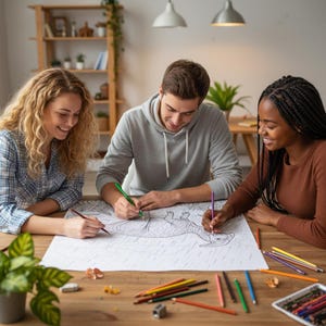 A group of diverse friends smiling and coloring a large Parasaurolophus dinosaur page together at a wooden table. This social group activity highlights the fun of our 160-page Jurassic World Adventure coloring book, perfect for families, teens, and creative gatherings.