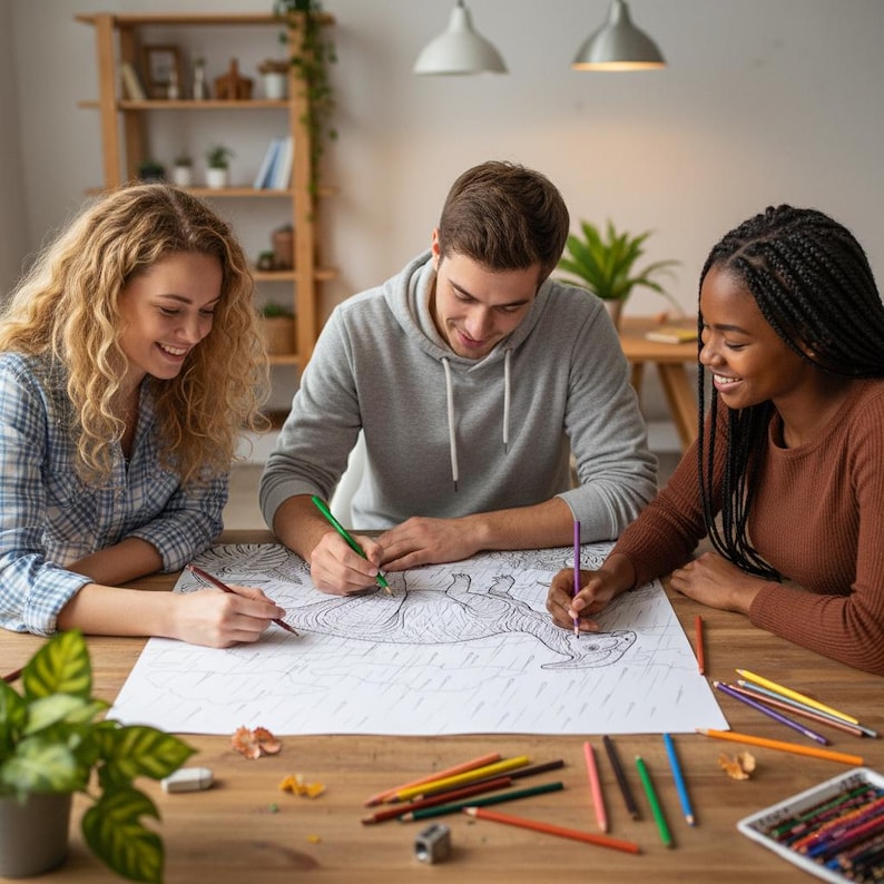 A group of diverse friends smiling and coloring a large Parasaurolophus dinosaur page together at a wooden table. This social group activity highlights the fun of our 160-page Jurassic World Adventure coloring book, perfect for families, teens, and creative gatherings.