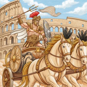 May include: An illustration of a Roman gladiator in a chariot drawn by two white horses. The gladiator wears gold armour and a red plumed helmet, holding a trident and a net. The Colosseum is in the background.