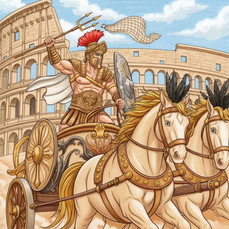 May include: An illustration of a Roman gladiator in a chariot drawn by two white horses. The gladiator wears gold armour and a red plumed helmet, holding a trident and a net. The Colosseum is in the background.