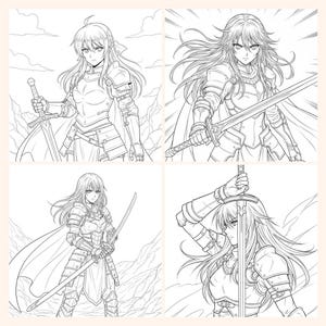 May include: Four-panel artwork featuring a female warrior in detailed armor, each with a different pose and sword. The illustrations are in black and white, set against a light background, with a focus on the character's determined expression and dynamic action.