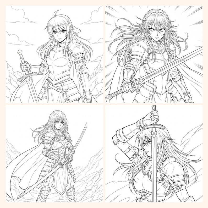 May include: Four-panel artwork featuring a female warrior in detailed armor, each with a different pose and sword. The illustrations are in black and white, set against a light background, with a focus on the character's determined expression and dynamic action.