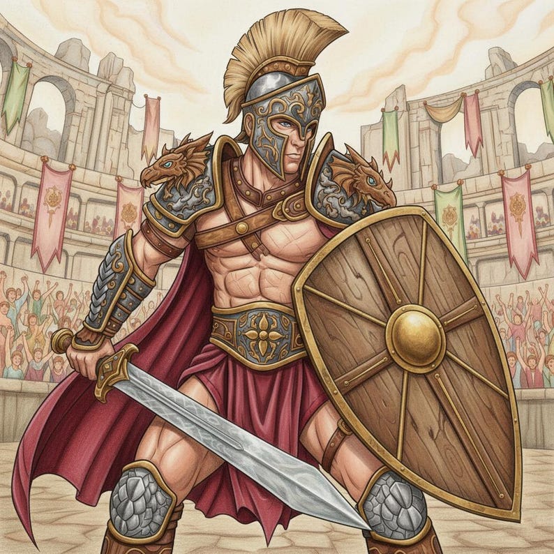 May include: Illustration of a gladiator in full armour, holding a sword and shield. The gladiator wears a helmet with a crest, shoulder armour with dragon details, and a red cape. The background shows an arena with spectators and colourful banners.
