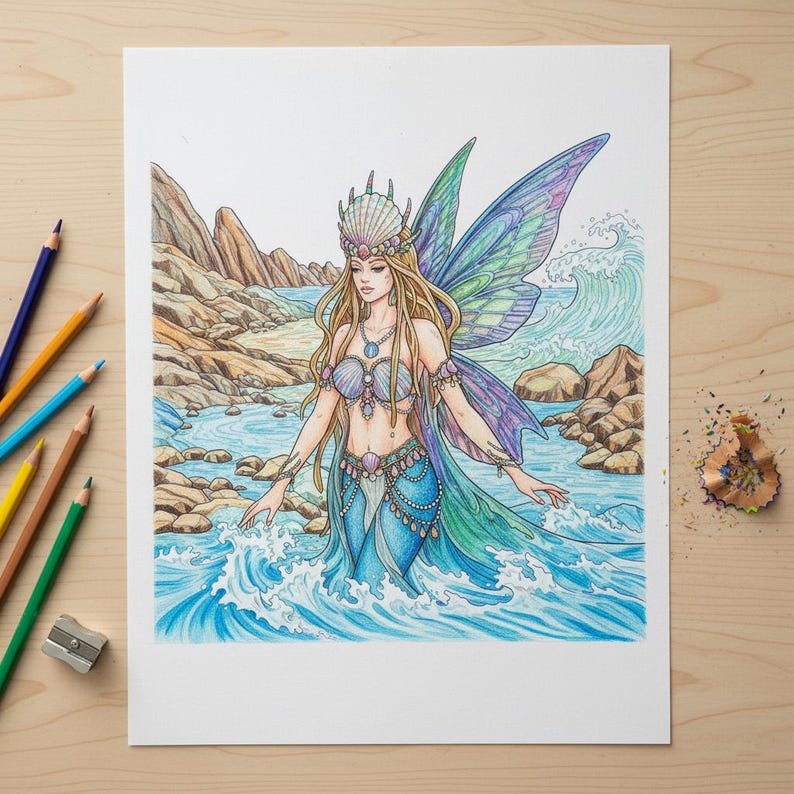 Pu&ograve; includere: Illustrazione dettagliata di una fata sirena in un abito blu e verde fluente, adornata con dettagli di conchiglie. Si trova in un fiume con sponde rocciose, le sue ali sono un mix di blu e viola. Sono visibili matite colorate e un temperamatite.
