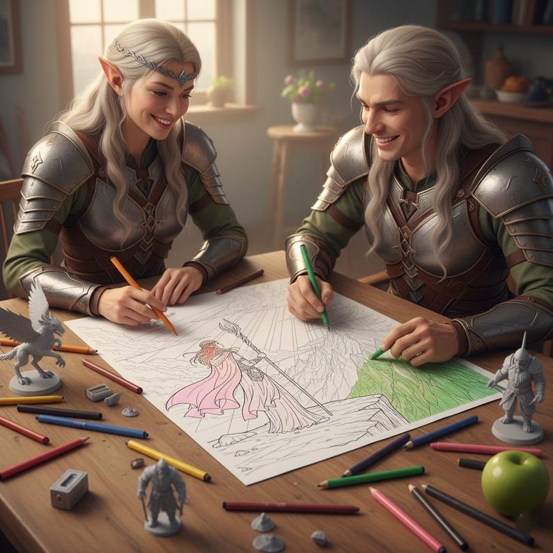 May include: Two people dressed in fantasy armor are coloring a large fantasy-themed coloring book with colored pencils. The table also has small figurines, an apple, and more colored pencils. The coloring book features a drawing of a woman with a staff.