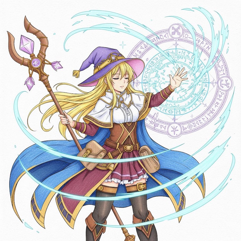 May include: Illustration of a female mage with long blonde hair, wearing a purple hat, blue cape, and a brown and maroon outfit. She holds a staff with crystal accents and is surrounded by magical energy.