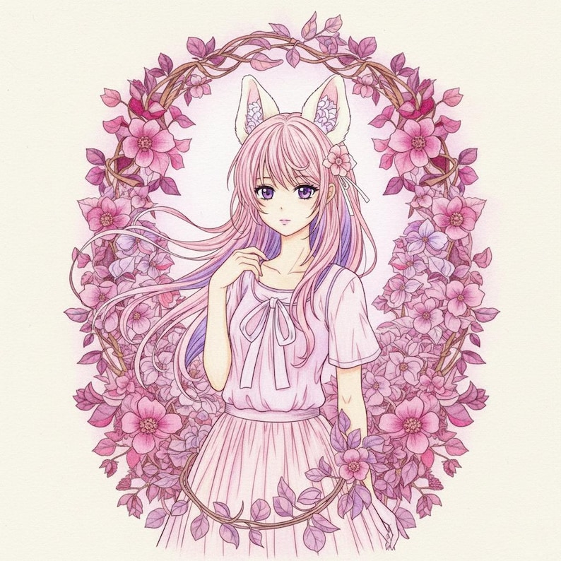 May include: An illustration of a person with pink hair and fox-like ears, wearing a pink dress, and surrounded by a floral wreath. The artwork features soft colors and a delicate style, with a focus on the character's gentle expression and the floral details.