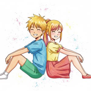 May include: Illustration of two anime-style characters, a boy and a girl, sitting back-to-back and smiling. The boy wears a blue t-shirt and green shorts. The girl wears a yellow top and a red skirt. Colorful paint splatters are in the background.