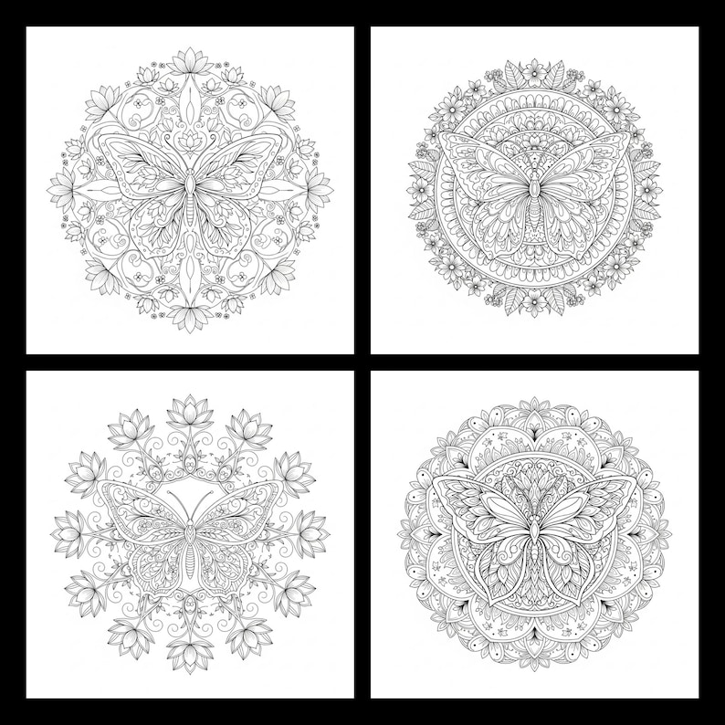 May include: Four black and white butterfly mandala designs. Each mandala features a detailed butterfly at the center, surrounded by intricate floral and geometric patterns. The designs are perfect for coloring or decorative purposes.