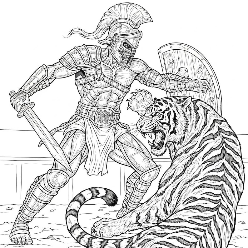 May include: Monochrome illustration of a gladiator in armour, holding a sword and shield, confronting a roaring tiger. The gladiator is poised for battle. The tiger is snarling, with its claws extended, ready to attack.