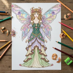 Pu&ograve; includere: Una pagina da colorare dettagliata di una fata con grandi ali colorate. La fata indossa un abito verde e viola con una corona floreale. Matite colorate e trucioli circondano il disegno su una superficie di legno.