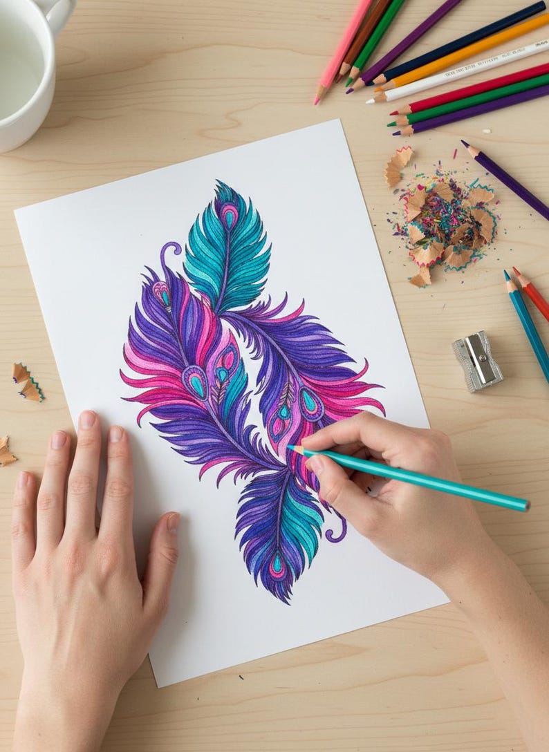 A lifestyle preview of a person's hands coloring a detailed arrangement of peacock feathers with a turquoise pencil. This 60-page collection showcases high-quality bohemian line art featuring vibrant purple, magenta, and teal patterns. The scene is set on a light wooden desk with art supplies, perfect for promoting adult relaxation, mindful meditation, and printable Zen activities