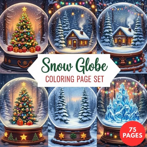 Christmas Snow Globe Coloring Pages for Adults, Cozy Winter Holiday Art, Printab