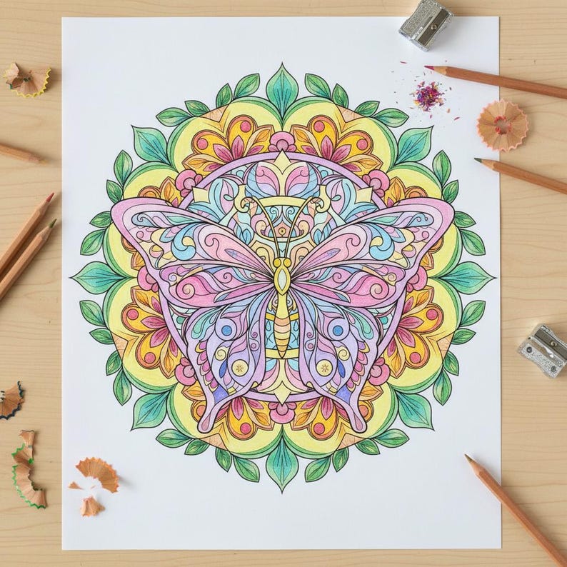 May include: A detailed butterfly coloring page with a mandala design. The butterfly is colored in shades of pink, blue, and yellow, with intricate patterns. Surrounding the butterfly is a circular mandala with green, yellow, and orange hues. Pencils and sharpeners are scattered around the page.