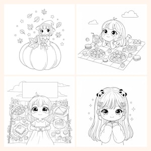 May include: Four black and white illustrations of cute anime-style girls. One girl is sitting on a pumpkin, another is enjoying a picnic, a third is holding a picnic basket, and the last is wearing panda hair clips.