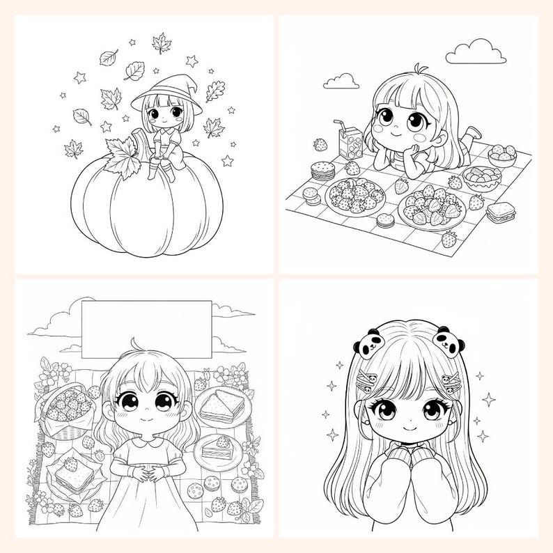 May include: Four black and white illustrations of cute anime-style girls. One girl is sitting on a pumpkin, another is enjoying a picnic, a third is holding a picnic basket, and the last is wearing panda hair clips.
