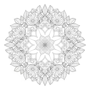 An intricate black and white circular floral mandala coloring page, featuring a large central bloom surrounded by detailed roses, daisies, and botanical leaves. This high-resolution line art is part of our 100-page Floral Mandala collection, designed for adult relaxation, mindfulness, and creative stress relief.